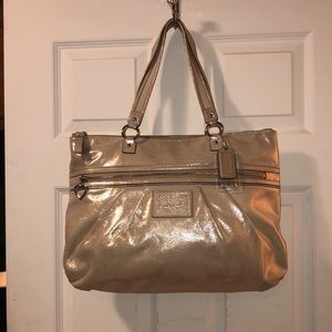 Coach Poppy Metallic Gold Champagne Leather Large Tote Bag Purse #H1281-F20441